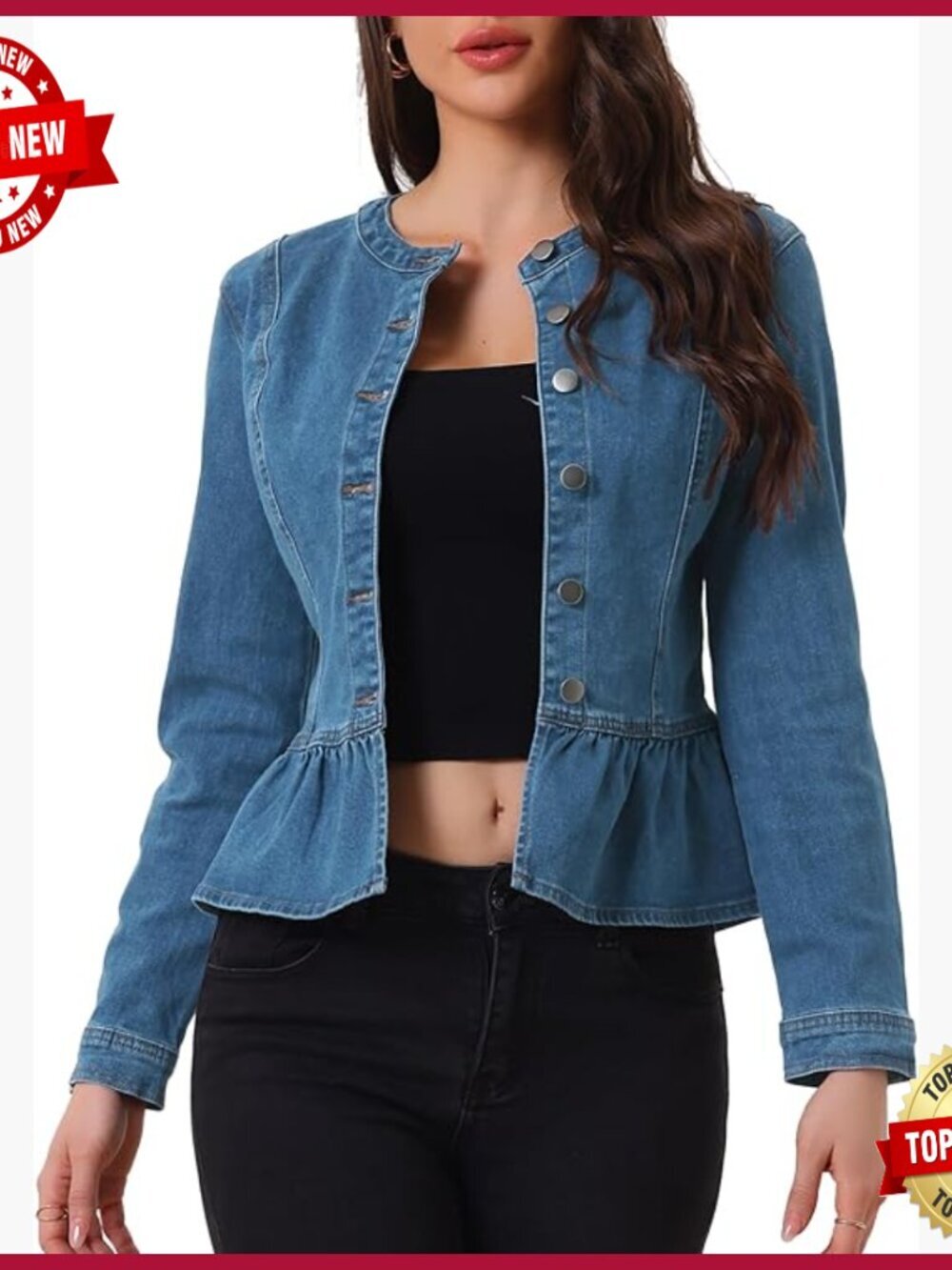 Peplum Denim Jacket Cropped Ruffle Hem Collarless Slim Fit